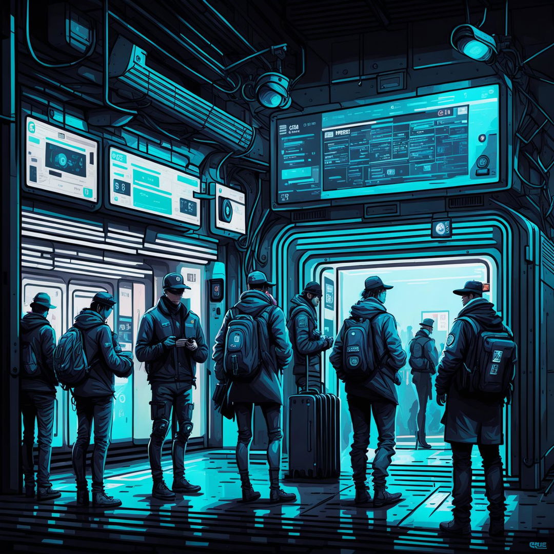 An image of a bustling metro train station in the style of the video game Watch Dogs