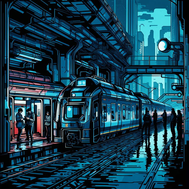 An image of a metro train in the style of the video game Watch Dogs. The image size should be 1500x1000 pixels.