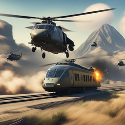 This 1500x1000 resolution image portrays a high-stakes chase scene from GTA5, featuring a military train being pursued by two armed helicopters