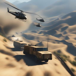 This 1500x1000 resolution image portrays a high-stakes chase scene from GTA5, featuring a military train being pursued by two armed helicopters