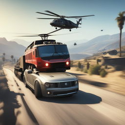 This 1500x1000 resolution image portrays a high-stakes chase scene from GTA5, featuring a military train being pursued by two armed helicopters