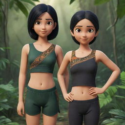 An animated depiction of two girls: The first an athletic girl with black hair in a gym suit displayed in a detailed full body closeup shot in the jungle. The second a cute girl with black hair wearing a traditional Indian saree.