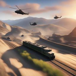 This 1500x1000 resolution image portrays a high-stakes chase scene from GTA5, featuring a military train being pursued by two armed helicopters