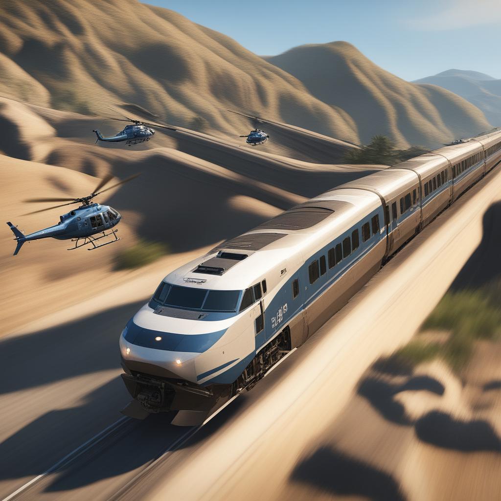 This 1500x1000 resolution image portrays a thrilling chase scene from GTA5, featuring a speeding train being pursued by two helicopters