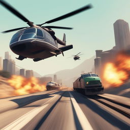 This 1500x1000 resolution image portrays a thrilling chase scene from GTA5, featuring a speeding train being pursued by two helicopters