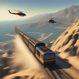 This 1500x1000 resolution image portrays a thrilling chase scene from GTA5, featuring a speeding train being pursued by two helicopters