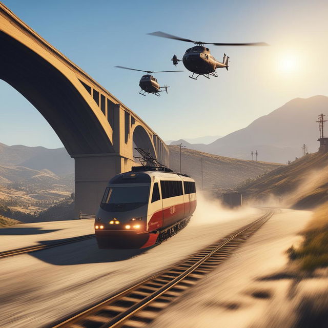 This 1500x1000 resolution image portrays a thrilling chase scene from GTA5, featuring a speeding train being pursued by two helicopters