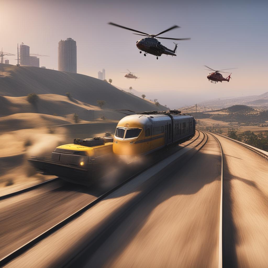 The image depicts a train being chased by helicopters in a high-intensity scene from the video game GTA5, rendered in a 1500x1000 resolution