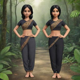 An animated depiction of two girls: The first an athletic girl with black hair in a gym suit displayed in a detailed full body closeup shot in the jungle. The second a cute girl with black hair wearing a traditional Indian saree.