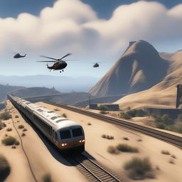 The image depicts a train being chased by helicopters in a high-intensity scene from the video game GTA5, rendered in a 1500x1000 resolution