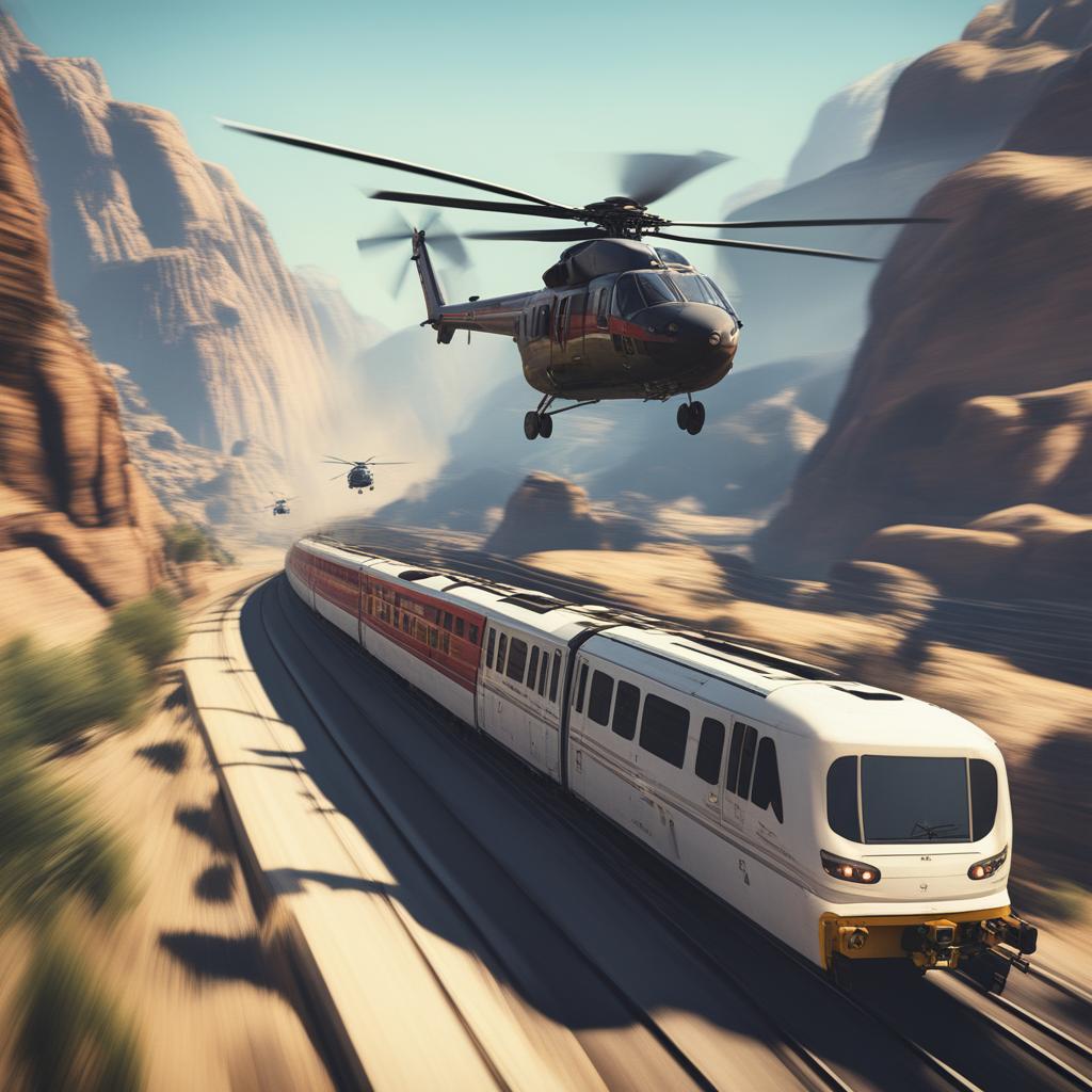 The image depicts a train being chased by helicopters in a high-intensity scene from the video game GTA5, rendered in a 1500x1000 resolution