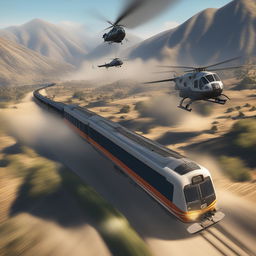 The image depicts a train being chased by helicopters in a high-intensity scene from the video game GTA5, rendered in a 1500x1000 resolution