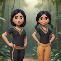 An animated depiction of two girls: The first an athletic girl with black hair in a gym suit displayed in a detailed full body closeup shot in the jungle. The second a cute girl with black hair wearing a traditional Indian saree.