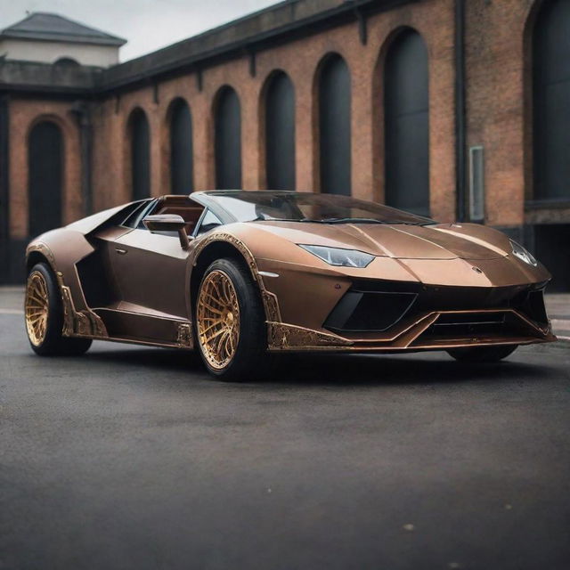 A Lamborghini reimagined in an elaborate steampunk aesthetic, combining the sleek modern design of the car with intricate vintage, mechanical details associated with steampunk.