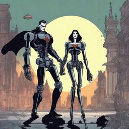 Create an image of a vampire and a robot, deeply in love, depicted on the cover of a comic book