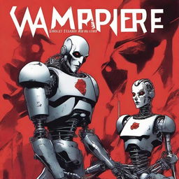 Create an image of a vampire and a robot, deeply in love, depicted on the cover of a comic book