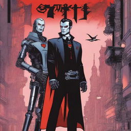 Create an image of a vampire and a robot, deeply in love, depicted on the cover of a comic book