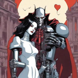 Create an image of a vampire and a robot, deeply in love, depicted on the cover of a comic book