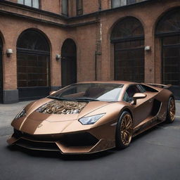 A Lamborghini reimagined in an elaborate steampunk aesthetic, combining the sleek modern design of the car with intricate vintage, mechanical details associated with steampunk.