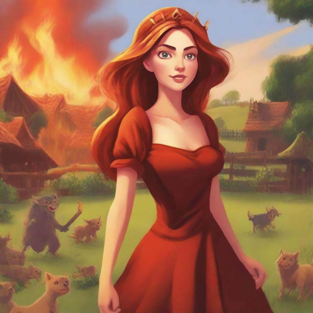 Design a book cover featuring the Princess of Fire living on a farm that is overrun by evil goblins