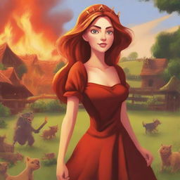 Design a book cover featuring the Princess of Fire living on a farm that is overrun by evil goblins