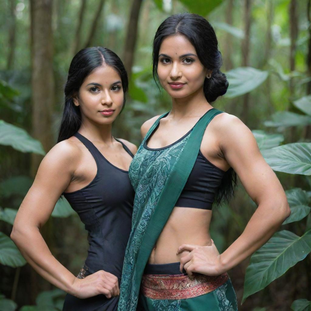 One detailed, closeup shot of a fit girl in a gym suit, posed in a jungle. She has black hair and a full body athletic build. Adjacent to her, in the second image, a cute girl dressed in a traditional Indian saree with black hair.