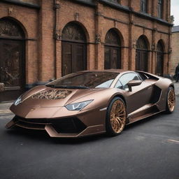 A Lamborghini reimagined in an elaborate steampunk aesthetic, combining the sleek modern design of the car with intricate vintage, mechanical details associated with steampunk.