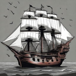 Generate an image of a large cultist pirate ship in the art style of Dungeons and Dragons