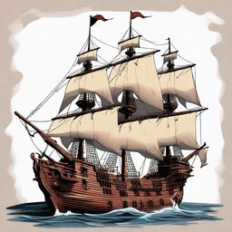 Generate an image of a large cultist pirate ship in the art style of Dungeons and Dragons