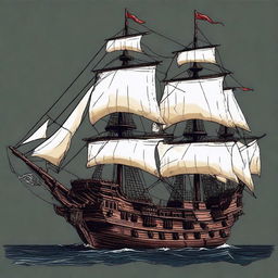 Generate an image of a large cultist pirate ship in the art style of Dungeons and Dragons