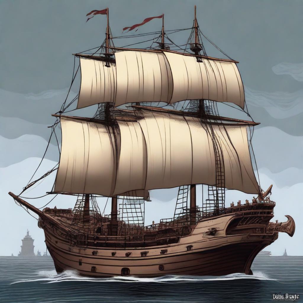 Generate an image of a large cultist warship in the art style of Dungeons and Dragons