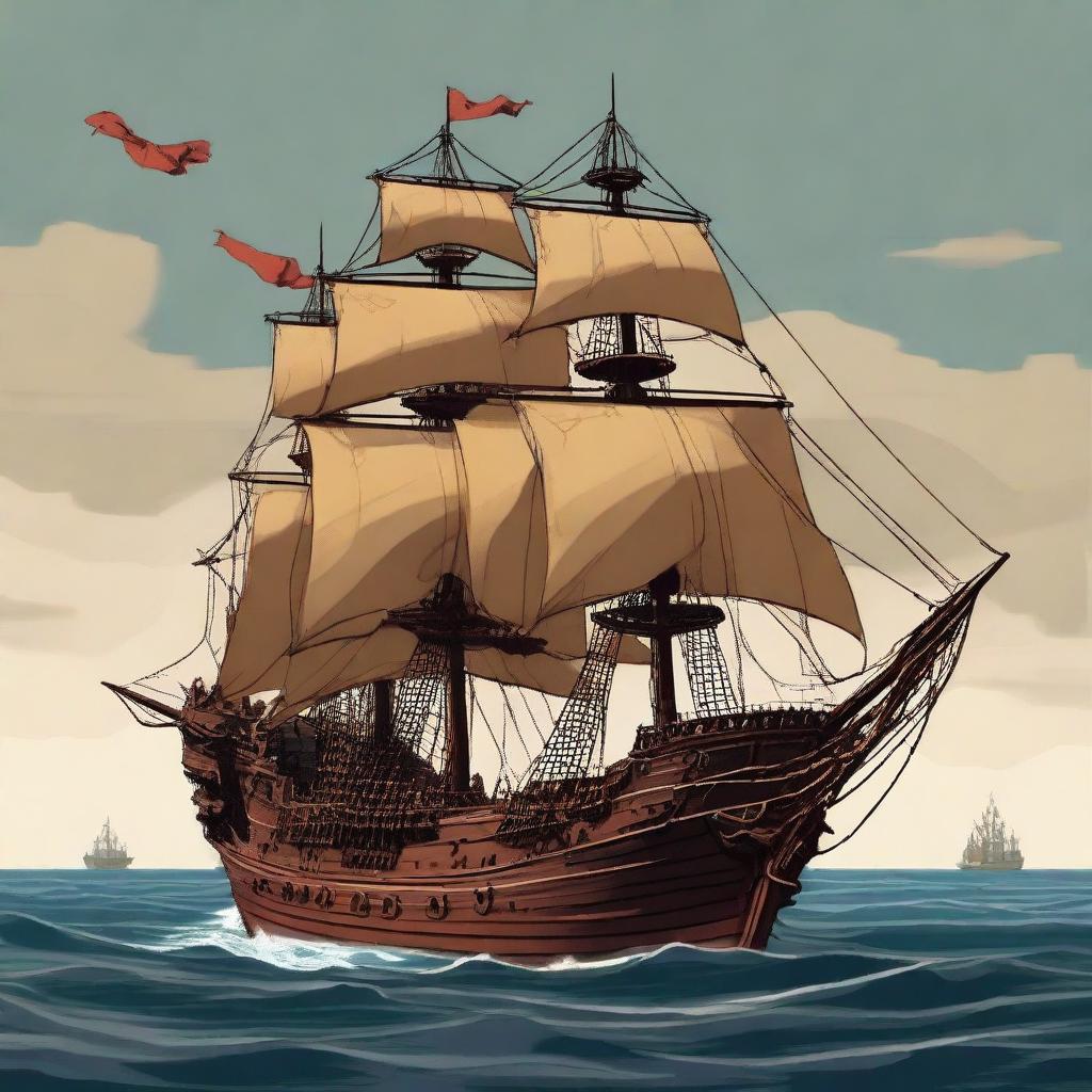 Generate an image of a large cultist war ship with golden flags in the art style of Dungeons and Dragons