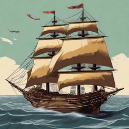 Generate an image of a large cultist war ship with golden flags in the art style of Dungeons and Dragons