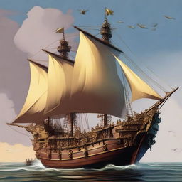 Generate an image of a large cultist war ship with golden flags in the art style of Dungeons and Dragons