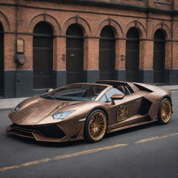 A Lamborghini reimagined in an elaborate steampunk aesthetic, combining the sleek modern design of the car with intricate vintage, mechanical details associated with steampunk.