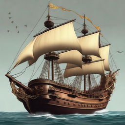 Generate an image of a large cultist war ship with golden flags in the art style of Dungeons and Dragons