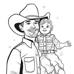 Generate a line art image of a toddler dressed as a cowboy, sitting on the shoulders of his cowboy dad