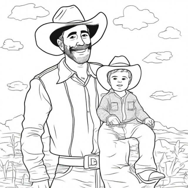 Generate a line art image of a toddler dressed as a cowboy, sitting on the shoulders of his cowboy dad