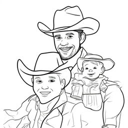 Generate a line art image of a toddler dressed as a cowboy, sitting on the shoulders of his cowboy dad