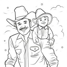 Generate a line art image of a toddler dressed as a cowboy, sitting on the shoulders of his cowboy dad