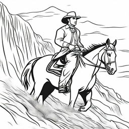 Create a line art image of a cowboy riding his horse up a mountain