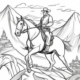 Create a line art image of a cowboy riding his horse up a mountain