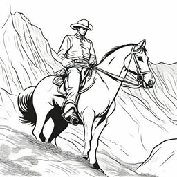 Create a line art image of a cowboy riding his horse up a mountain