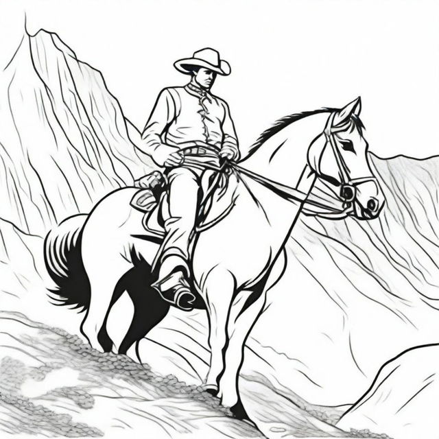 Create a line art image of a cowboy riding his horse up a mountain