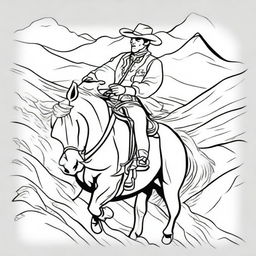 Create a line art image of a cowboy riding his horse up a mountain