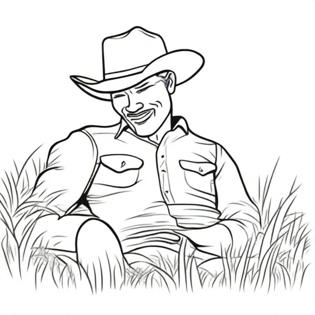 Create a line art image of a cowboy laying flat on his back on the grass, chewing a stick