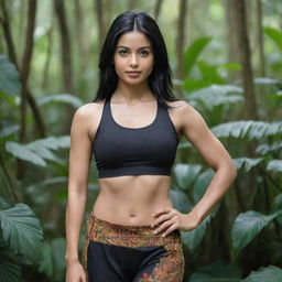 One detailed, closeup shot of a fit girl in a gym suit, posed in a jungle. She has black hair and a full body athletic build. Adjacent to her, in the second image, a cute girl dressed in a traditional Indian saree with black hair.