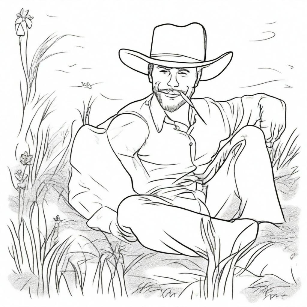 Create a line art image of a cowboy laying flat on his back on the grass, chewing a stick