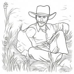 Create a line art image of a cowboy laying flat on his back on the grass, chewing a stick