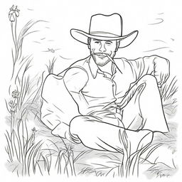 Create a line art image of a cowboy laying flat on his back on the grass, chewing a stick